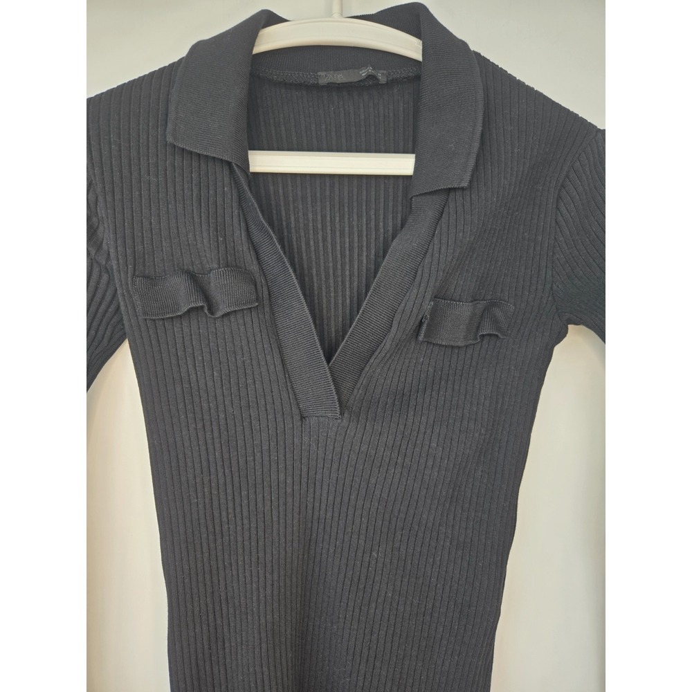 Zara Ribbed Collared Sweater V-Neck Cotton Front Fake Pockets Black Quiet Luxury - Picture 7 of 16